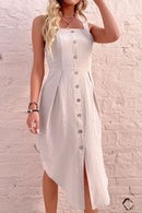 Pleated Detail Buttoned Sleeveless Dress