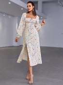 Floral Tie Front Square Neck Split Midi Dress