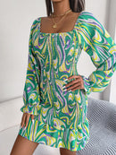 Abstract Print Square Neck Smocked Dress