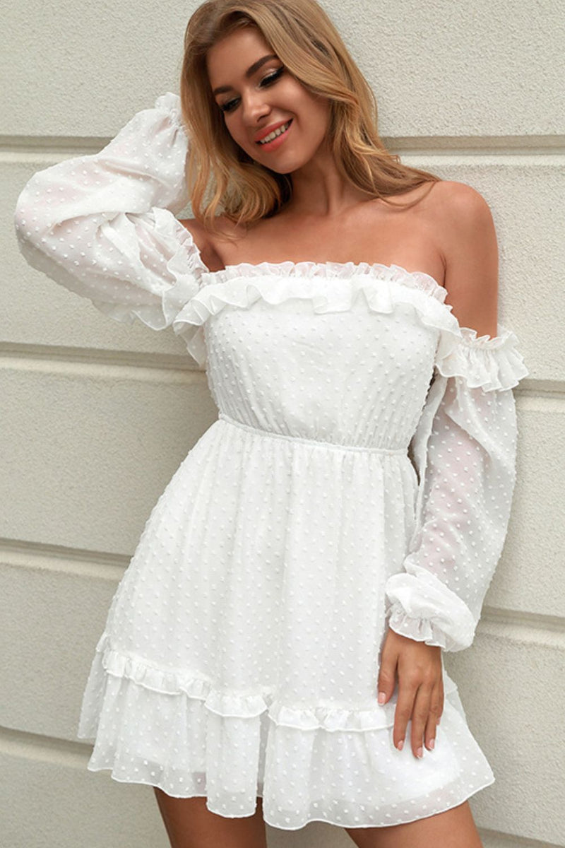 Swiss Dot Off-Shoulder Frill Trim A-Line Dress