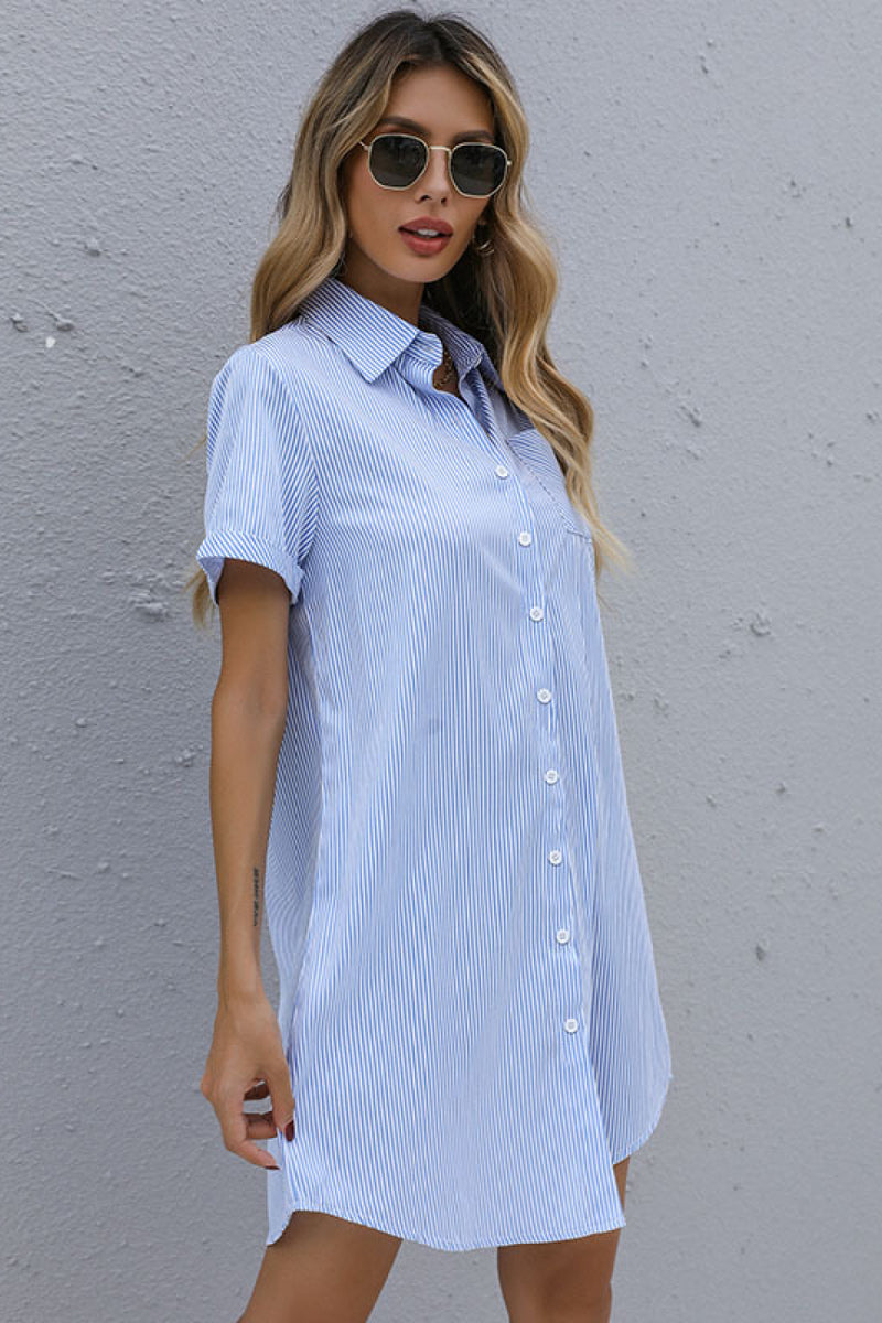 Striped Button Front Mini Shirt Dress（Belt Not Included)