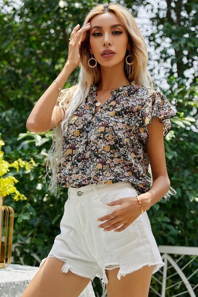 Floral Notched Flutter Sleeve T-Shirt