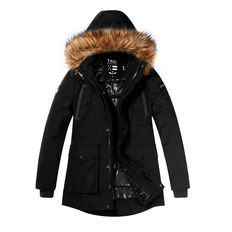 Men's warm padded jacket with large fur collar