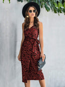 Printed Spaghetti Strap V-Neck Belted Dress