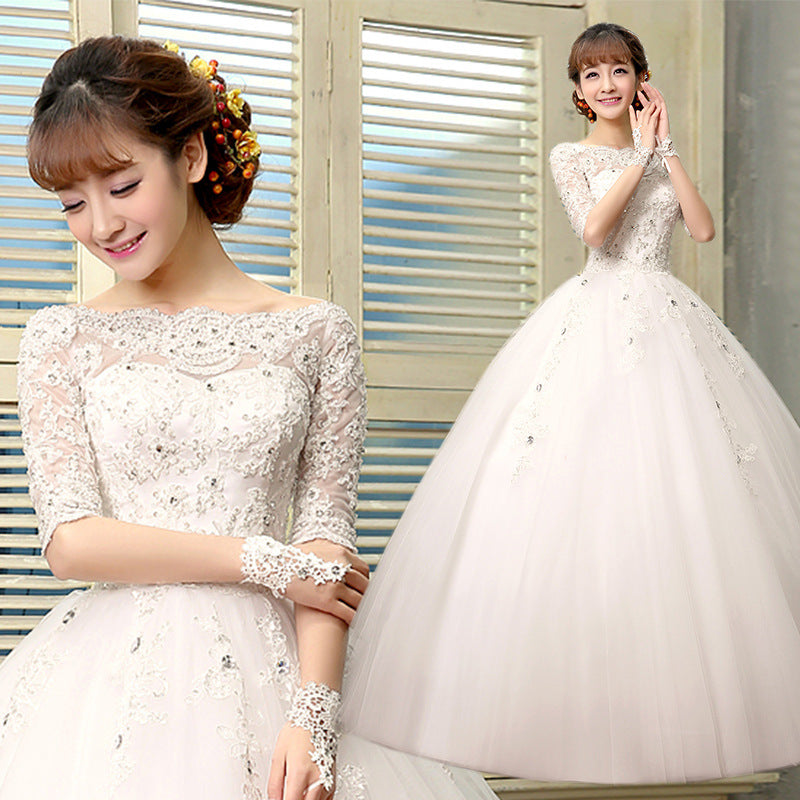 2021 word shoulder collar sleeves Korean version Qi bride bride large size Slim wedding dress tail