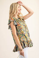 Kori America Full Size Printed Ruffle Hem Cap Sleeve Blouse