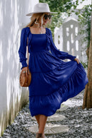 Smocked Square Neck Ruffle Trim Tiered Dress