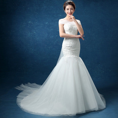 Wholesale fashion one word, shoulder lace, fishtail Tail Han bride married 2021 new wedding dress D95