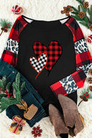 Plaid Leopard Heart Round Neck T-Shirt