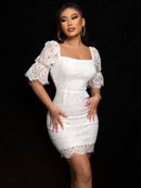 Lace Eyelash Detail Flounce Sleeve Dress