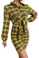 Plaid Tie Front Ruched Mini Shirt Dress