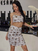 Printed Zip-Back Cropped Top and Ruched Skirt Set