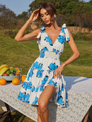 Floral Tie Shoulder Smocked Waist V-Neck Dress