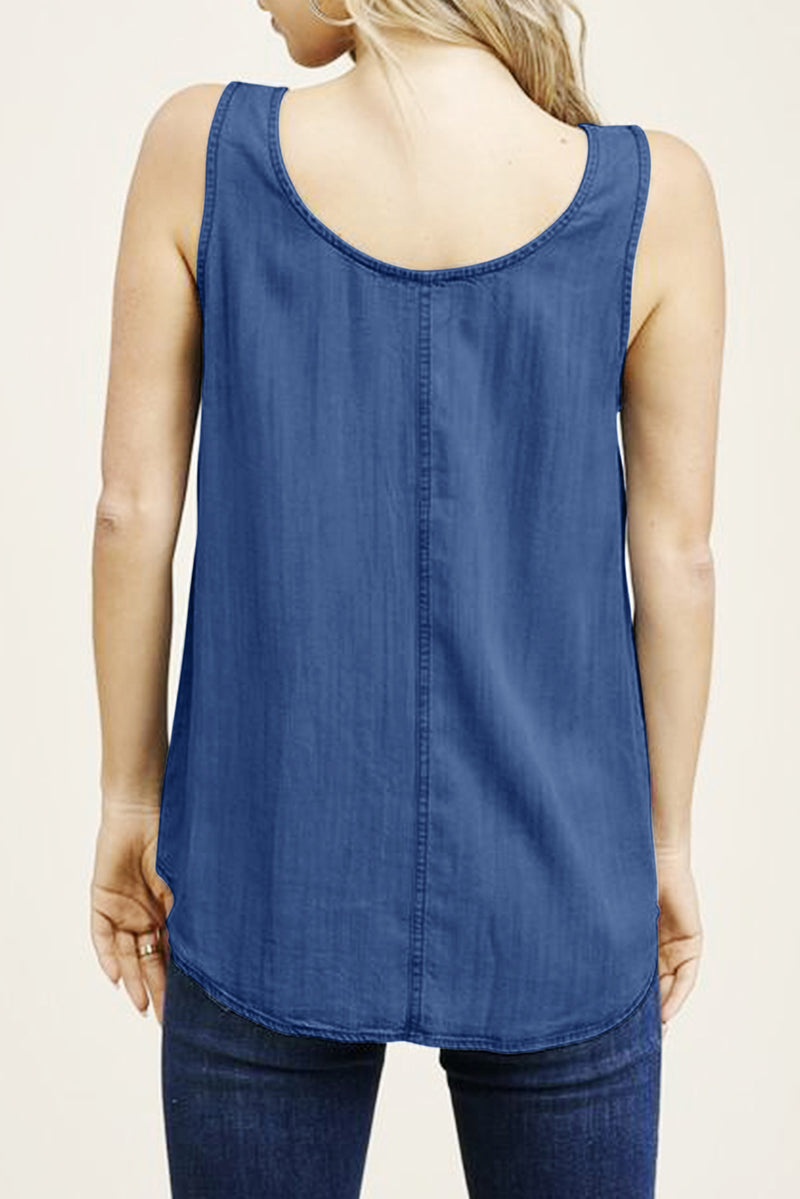 Denim Scoop Neck Quarter Button Down Tank