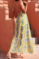 Printed Backless Plunge Split Maxi Dress