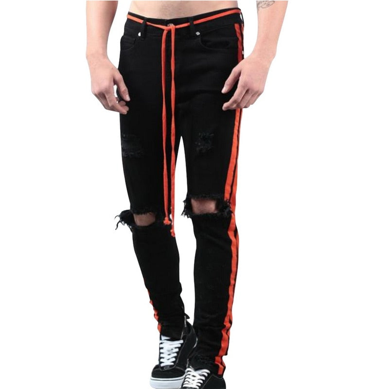Men's jeans with pull-link ribbon