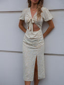 Ditsy Floral Tie Front Cutout Split Dress