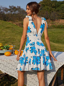 Floral Tie Shoulder Smocked Waist V-Neck Dress