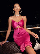 Tie-Front Spaghetti Strap Cutout Ruffle Hem Dress