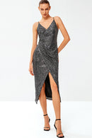 Sequined Spaghetti Strap Ruched Wrap Dress