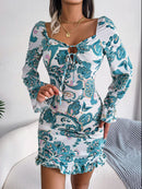 Printed Drawstring Ruffle Hem Dress