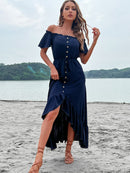 Off-Shoulder Decorative Button Ruffle Hem Dress