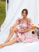 Floral Puff Sleeve Drawstring Detail Mini Dress