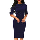 Women Turn-down Collar Spring Half Sleeve Knee-Length Dresses Sheath Solid