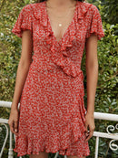 Ditsy Floral Ruffled Flutter Sleeve Plunge Dress