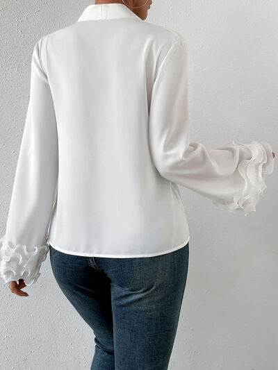 Lettuce Hem V-Neck Long Sleeve Blouse