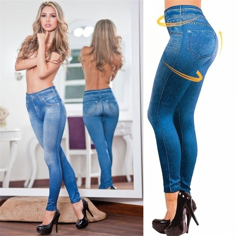 Women Fashion Faux Denim Jeans Leggings Real Pocket
