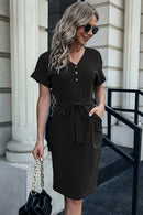 Button Detail Cuffed Dress with Pocket