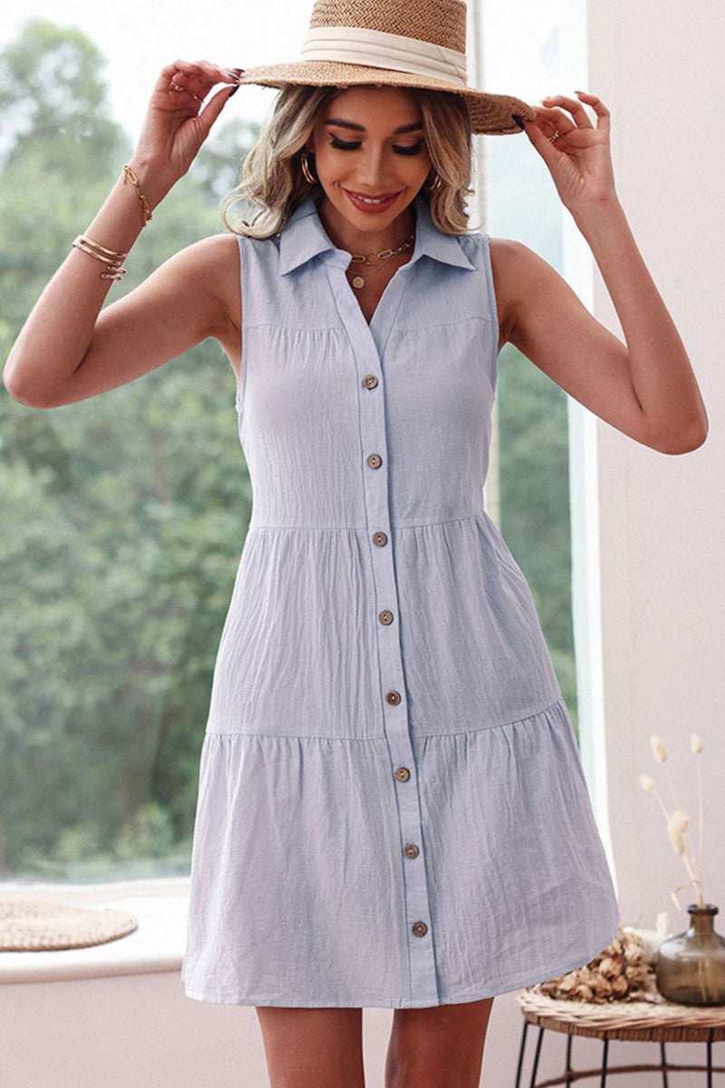 Tiered Button Down Sleeveless Shirt Dress