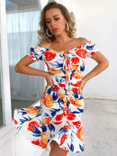 Printed Lace-Up Off-Shoulder Ruffle Hem Dress
