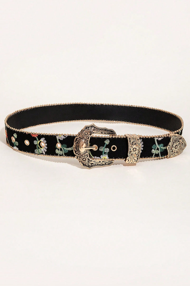 Embroidered PU Leather Adjustable Buckle Belt