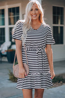 Striped Tie Waist Frill Trim Dress