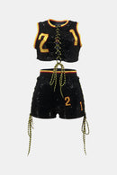 Full Size Contrast Letter Sequin Cropped Top and Lace-Up Shorts Set