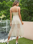 Tie-Shoulder Frill Trim Sweetheart Neck Midi Dress