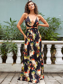 Feather Print Deep V Lace-Up Dress