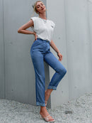 High Waist Straight Leg Cuffed Pants