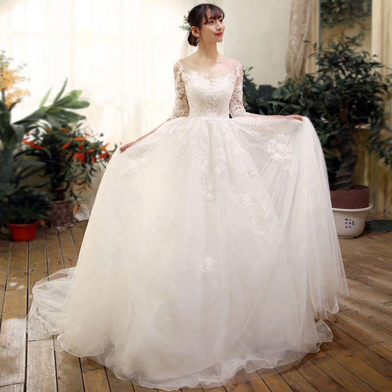 Wedding dress 2021 new bride trailing word spring and summer Korean wedding sleeves wedding dress tail thin