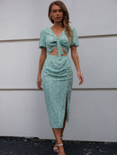 Ditsy Floral Tie Front Cutout Split Dress