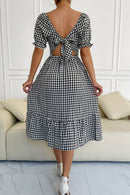 Plaid Cutout Square Neck Smocked Dress