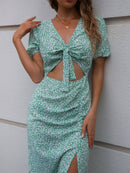 Ditsy Floral Tie Front Cutout Split Dress