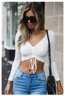 V Neck Long Sleeve Women Ruched Lace Up Casual Tee Shirt