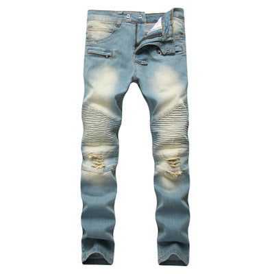 Cross border special for men's zipper, jeans, broken holes, dragging the yellow, nostalgic men, Europe and America high street stretch pants