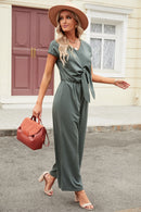 Tie-Front Short Sleeve V-Neck Jumpsuit