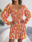 Abstract Print Square Neck Smocked Dress