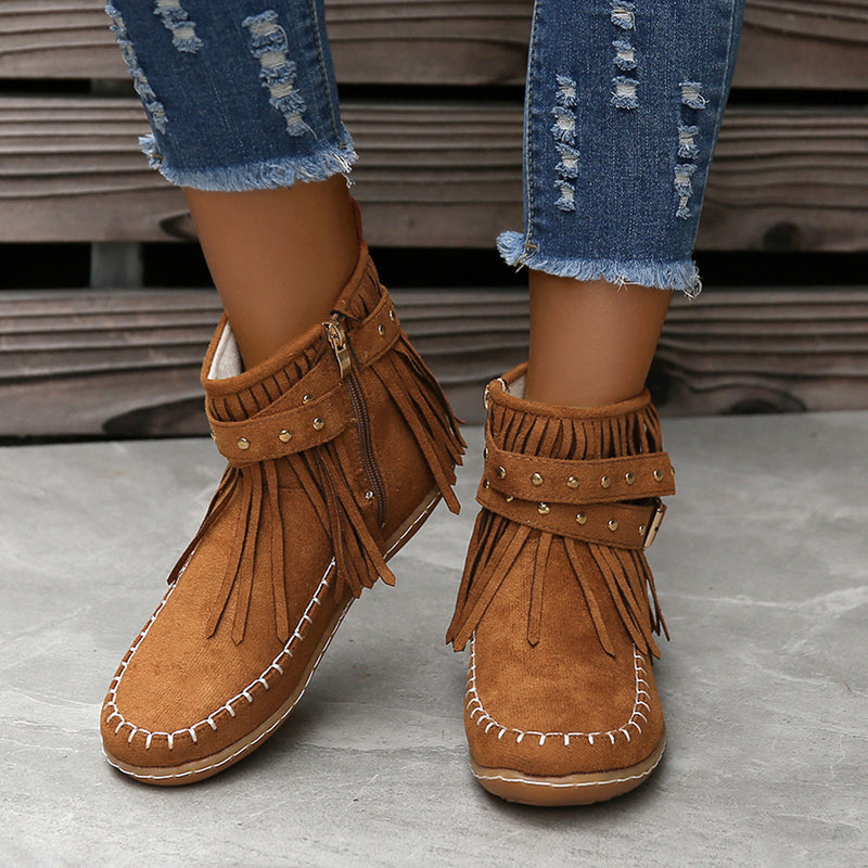 Studded Fringe Round Toe Boots