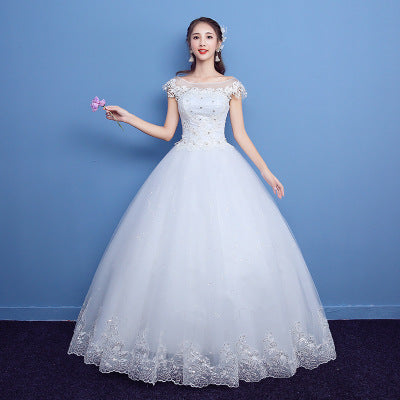 2021 new bride knot wedding lace word shoulder Korean style slim wedding dress